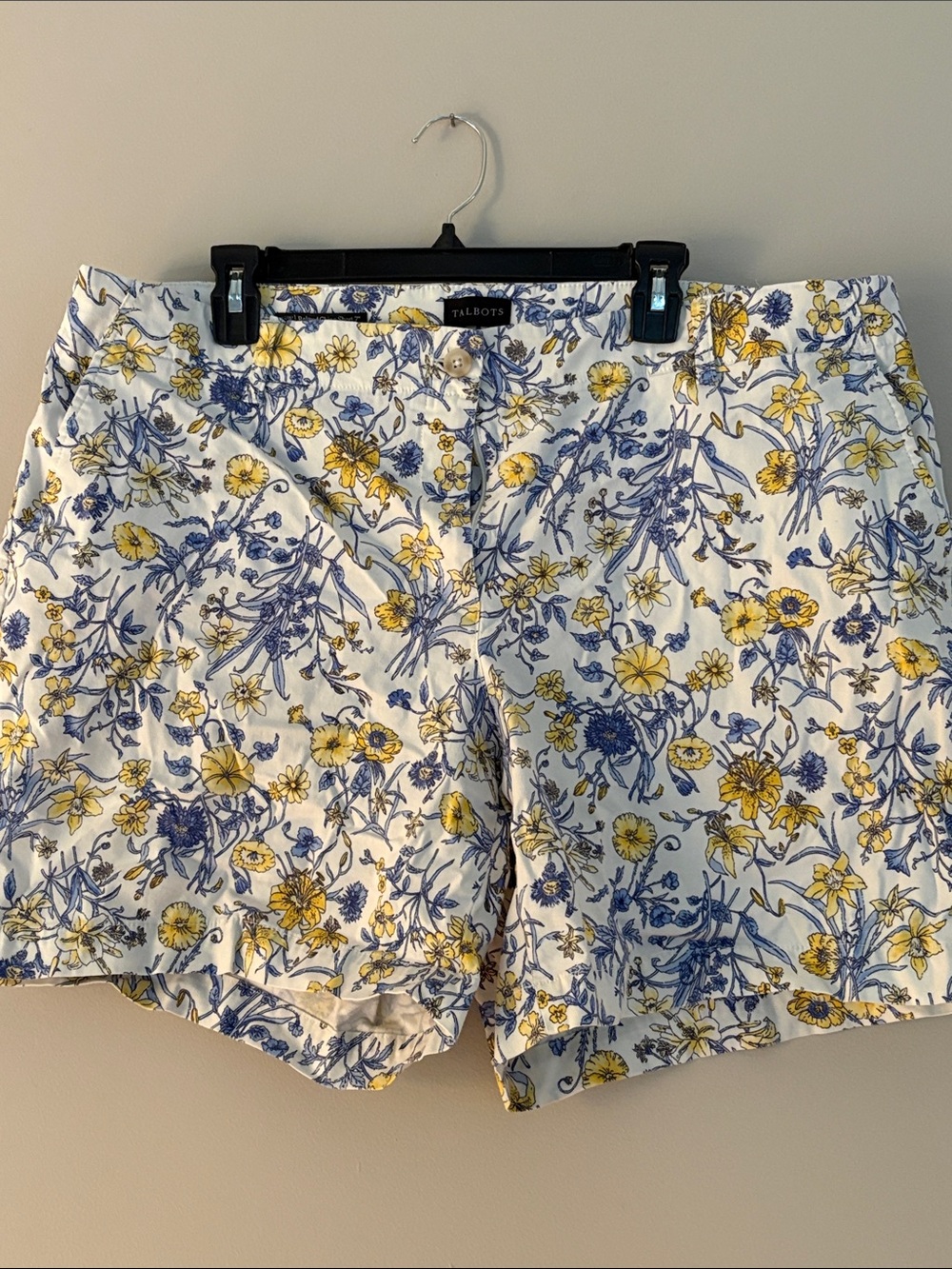 Talbots White Cotton Floral Shorts with Yellow & Blue Print